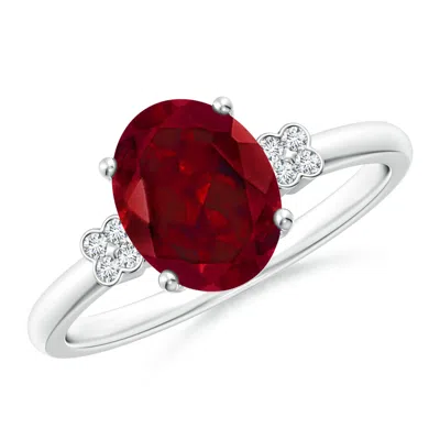 Angara Solitaire Oval Garnet Ring With Diamond Floral Accent