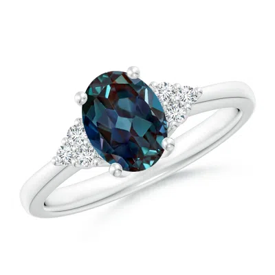 Angara Solitaire Oval Lab-grown Alexandrite Ring With Trio Diamond Accents In Metallic