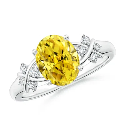 Angara Solitaire Oval Lab-grown Fancy Intense Yellow Diamond Criss Cross Ring In Metallic