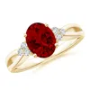 Angara Solitaire Oval Lab-grown Ruby Split Shank Engagement Ring With Trio Diamonds In Yellow Gold/deep Rich Red