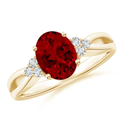Angara Solitaire Oval Lab-grown Ruby Split Shank Engagement Ring With Trio Diamonds In Gold