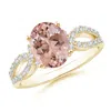 Angara Solitaire Oval Morganite And Diamond Crossover Ring In Yellow Gold/peachy Pink