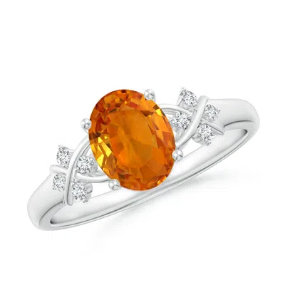 Angara Solitaire Oval Orange Sapphire Criss Cross Ring With Diamonds In Metallic