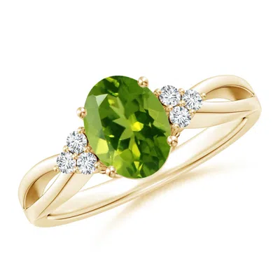 Angara Solitaire Oval Peridot Split Shank Ring With Trio Diamonds In Gold