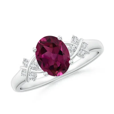 Angara Solitaire Oval Rhodolite Criss Cross Ring With Diamonds In Metallic