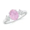 Angara Solitaire Oval Rose Quartz Criss Cross Ring With Diamonds In Platinum/medium-dark Pink