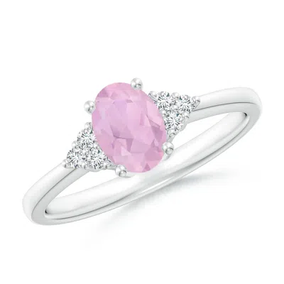 Angara Solitaire Oval Rose Quartz Ring With Trio Diamond Accents In Metallic