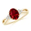 Angara Solitaire Oval Ruby Split Shank Engagement Ring With Trio Diamonds In Yellow Gold/deep Rich Red