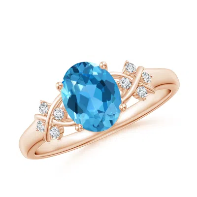 Angara Solitaire Oval Swiss Blue Topaz Criss Cross Ring With Diamonds
