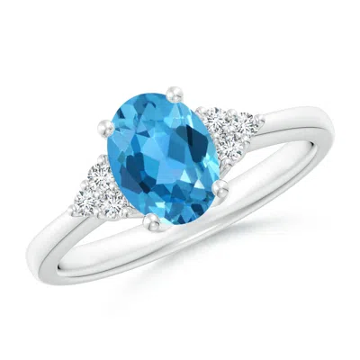 Angara Solitaire Oval Swiss Blue Topaz Ring With Trio Diamond Accents In Metallic