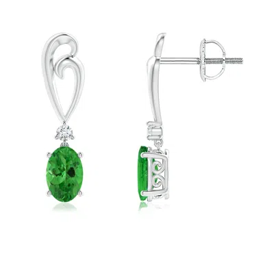 Angara Solitaire Oval Tsavorite Swirl Drop Earrings With Diamond In Metallic