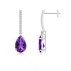 Angara Solitaire Pear Amethyst Drop Earrings With Diamonds In White Gold/dark Purple