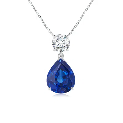 Angara Solitaire Pear Blue Sapphire Drop Pendant With Diamond Accent In Metallic