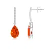 Angara Solitaire Pear Fire Opal Drop Earrings With Diamonds In Platinum/orangish Red