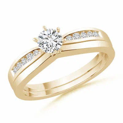 Angara Solitaire Round Diamond Wedding Ring Set With Plain Ring In Gold
