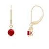 Angara Solitaire Ruby Dangle Earrings With Diamond In Yellow Gold/medium Red