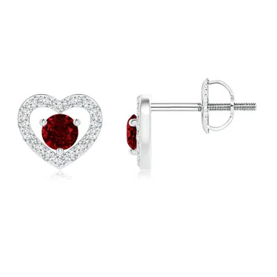 Angara Solitaire Ruby Open Heart Studs With Diamonds In Metallic
