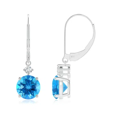 Angara Solitaire Swiss Blue Topaz Dangle Earrings With Diamond In Metallic