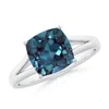 Angara Split Shank Cushion Lab-grown Alexandrite Engagement Ring In White Gold/bluish Green Changing To Brownish Or Pinkish Purple