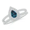 Angara Split Shank Pear Lab-grown Alexandrite And Diamond Double Halo Ring In White Gold/bluish Green Changing To Brownish Or Pinkish Purple