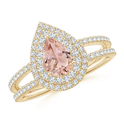 Angara Split Shank Pear Morganite And Diamond Double Halo Ring In Gold