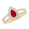Angara Split Shank Pear Ruby And Diamond Double Halo Ring In Yellow Gold/medium Red