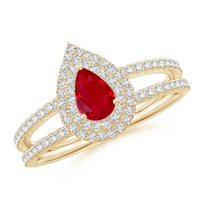Angara Split Shank Pear Ruby And Diamond Double Halo Ring In Gold