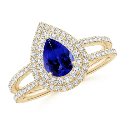 Angara Split Shank Pear Tanzanite And Diamond Double Halo Ring In Gold