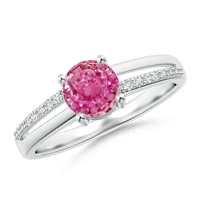 Angara Split Shank Pink Sapphire Solitaire Ring With Diamond Accents In Metallic