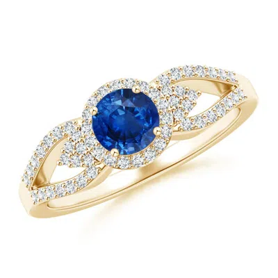 Angara Split Shank Round Sapphire Halo Ring With Cluster Diamonds In Gold