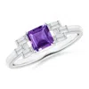 Angara Square Amethyst & Baguette Diamond Rectangle Link Ring In White Gold/medium Dark Purple