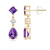 Angara Square And Pear Amethyst Drop Earrings With Diamond In Yellow Gold/medium Dark Purple