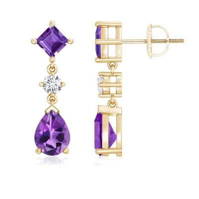 Angara Square And Pear Amethyst Drop Earrings With Diamond In Gold