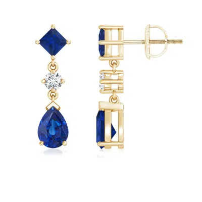 Angara Square And Pear Blue Sapphire Drop Earrings With Diamond In Gold