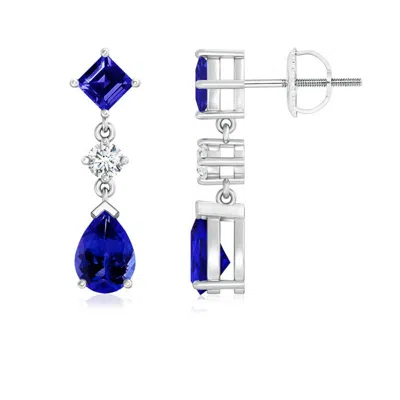 Angara Square And Pear Tanzanite Drop Earrings With Diamond In Metallic