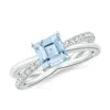 Angara Square Aquamarine Crossover Shank Ring With Diamonds In White Gold/light Swiss Blue