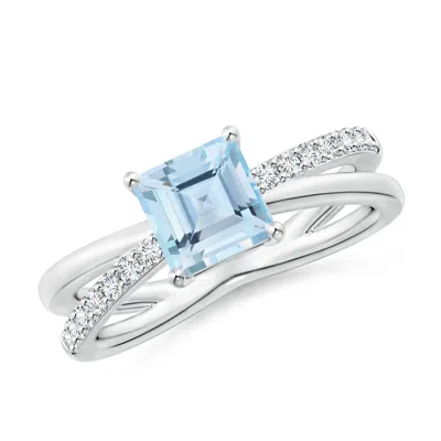 Angara Square Aquamarine Crossover Shank Ring With Diamonds In Metallic