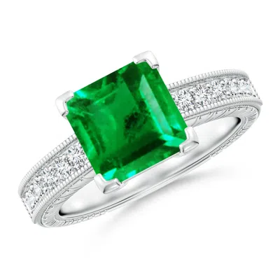 Angara Square Cut Emerald Solitaire Ring With Milgrain Detailing In Metallic