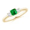 Angara Square Emerald And Princess Diamond Three Stone Engagement Ring In Yellow Gold/rich Medium Green