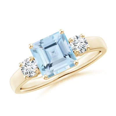 Angara Square Emerald-cut Aquamarine And Diamond Three Stone Ring In Blue