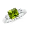 Angara Square Emerald-cut Peridot And Diamond Three Stone Ring In White Gold/yellowish Green