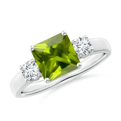 Angara Square Emerald-cut Peridot And Diamond Three Stone Ring In Green