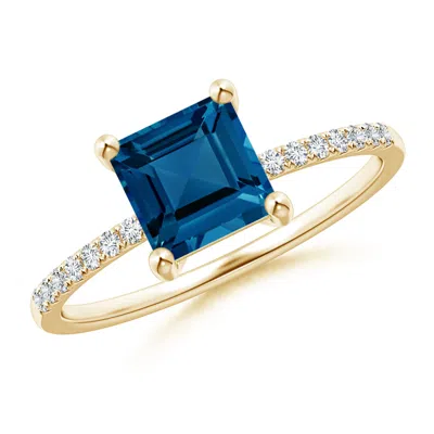 Angara Square London Blue Topaz Ring With Diamond Studded Shank In Gold