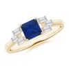 Angara Square Sapphire & Baguette Diamond Rectangle Link Ring In Yellow Gold/medium To Rich Blue