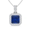 Angara Square Sapphire And Diamond Halo Pendant In White Gold/medium To Rich Blue