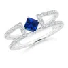Angara Square Sapphire Parallel Split Shank Ring With Accents In White Gold/deep Rich Blue