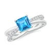 Angara Square Swiss Blue Topaz Crossover Shank Ring With Diamonds In White Gold/swiss Blue