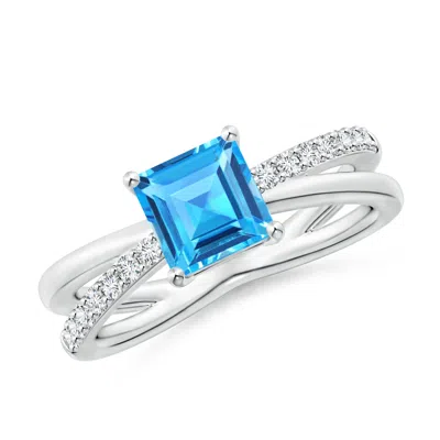 Angara Square Swiss Blue Topaz Crossover Shank Ring With Diamonds