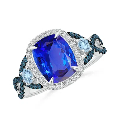 Angara Tanzanite And Aquamarine Crossover Ring With Diamond Halo In Multi