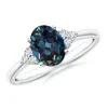 Angara Tapered Shank Oval Lab-grown Alexandrite Ring With Trio Diamond Accent In White Gold/bluish Green Changing To Brownish Or Pinkish Purple